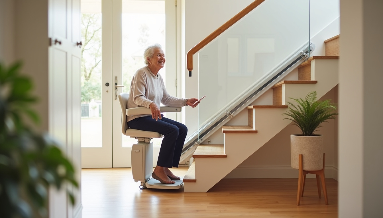 Une personne âgée souriante utilise un élévateur personnel pour monter les escaliers de sa maison.
